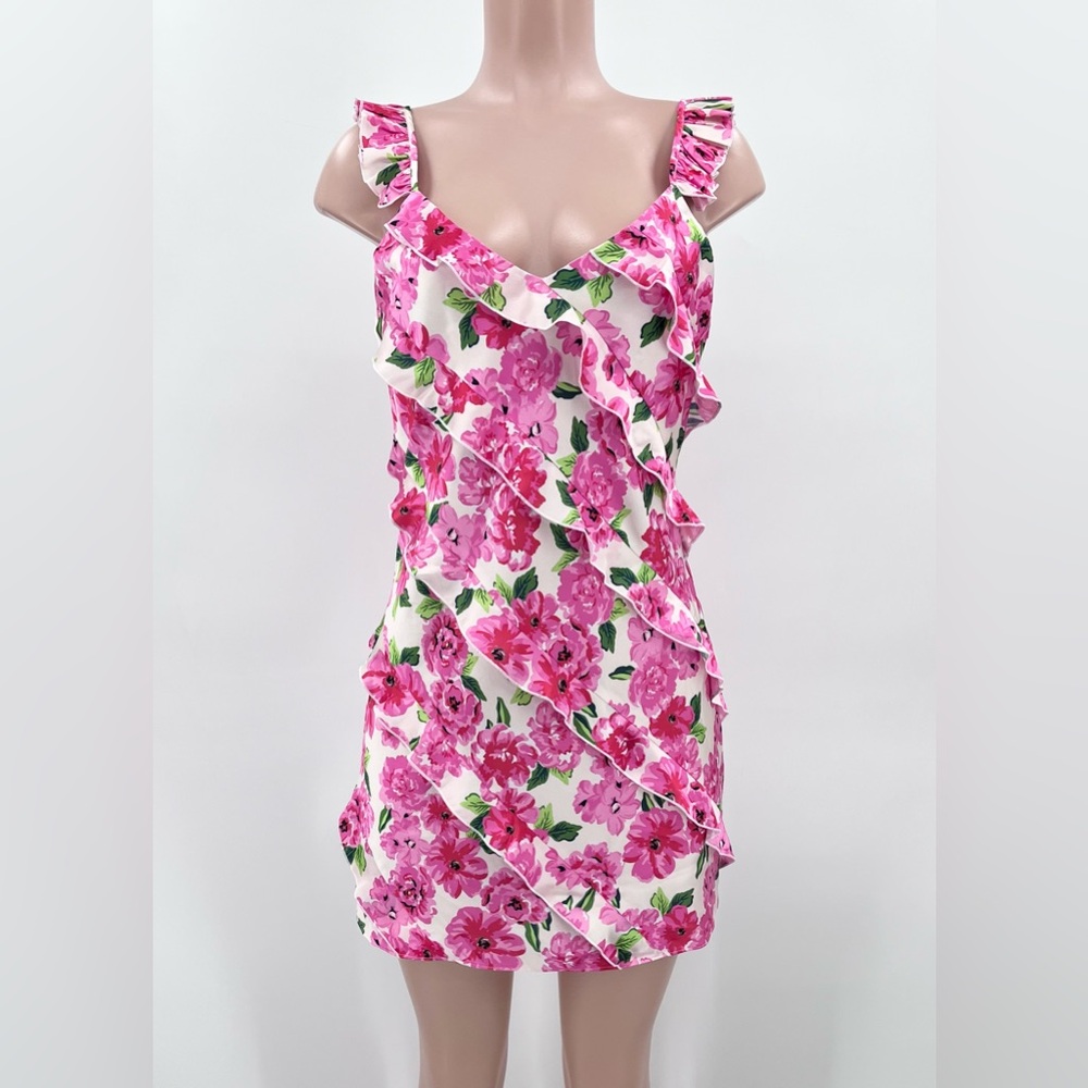 NWT Show Me Your Mumu Rosa Ruffle Pink Floral Satin Mini Dress Size Medium - Picture 3 of 15